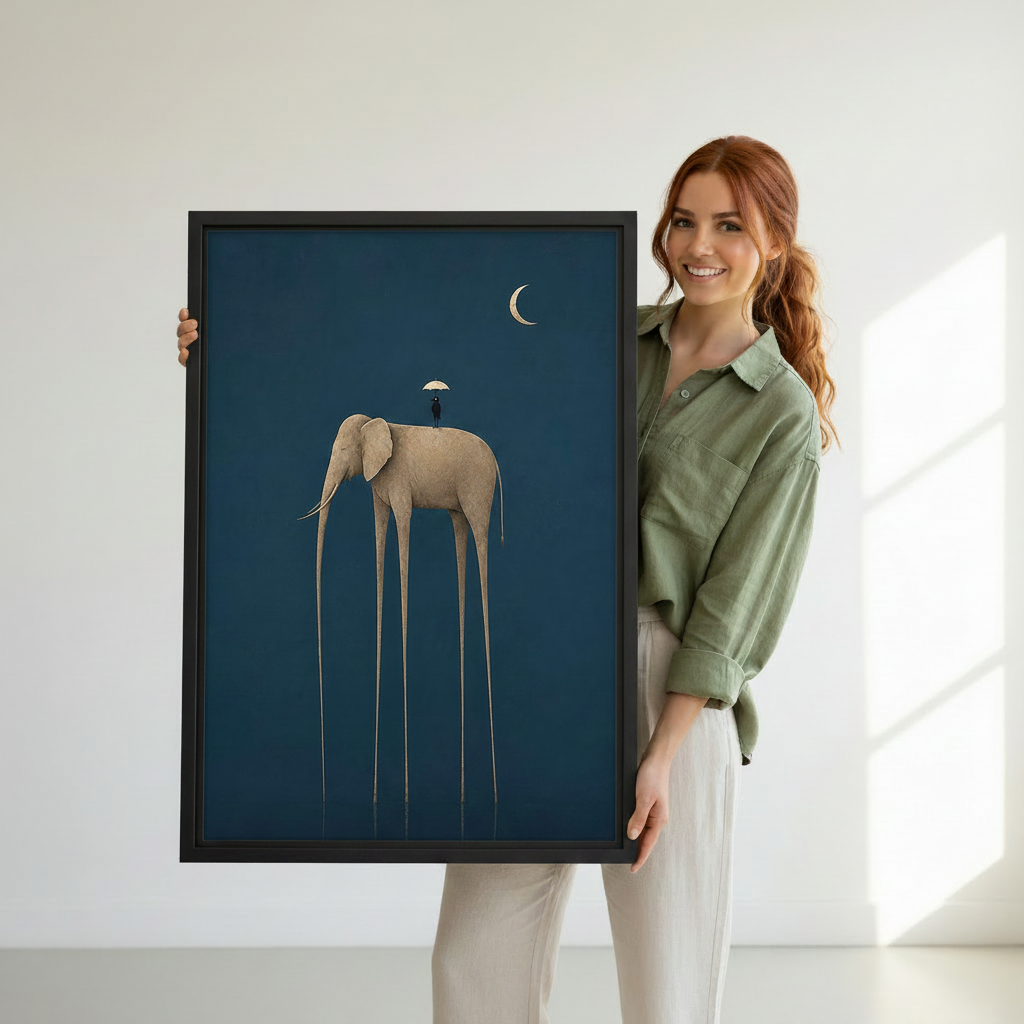 Woman holding a large framed art print of a surrealist elephant with impossibly long legs and a small figure with umbrella under a crescent moon, showcasing print size and black frame finish