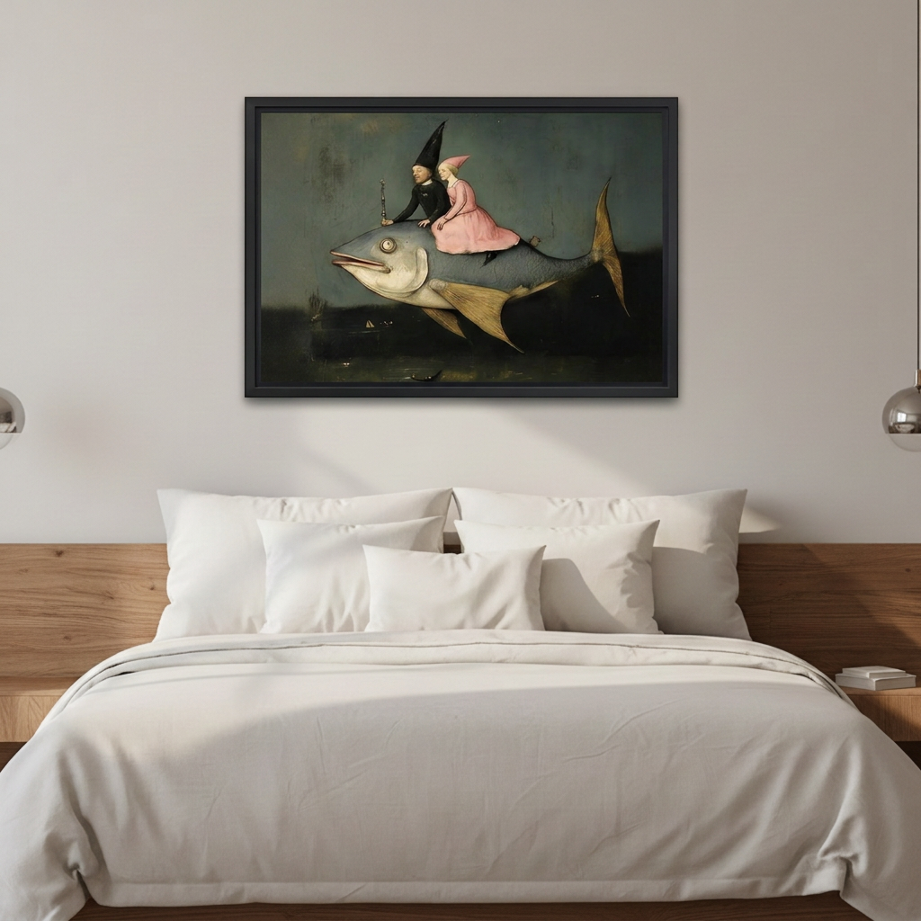 Black-framed surreal fish riders canvas wall art above a bed with white bedding and a wooden headboard.