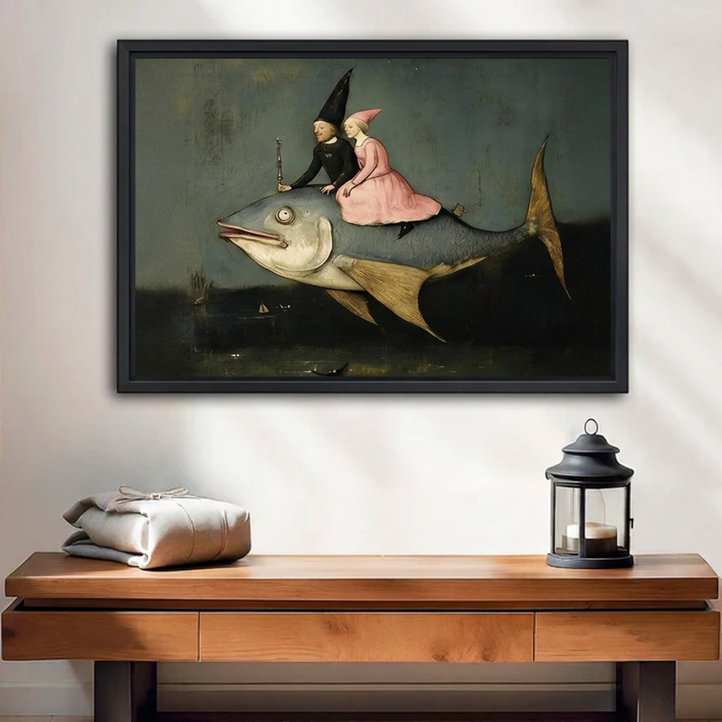 Black-framed surreal fish riders canvas wall art above a wooden console with folded blankets and a black lantern.