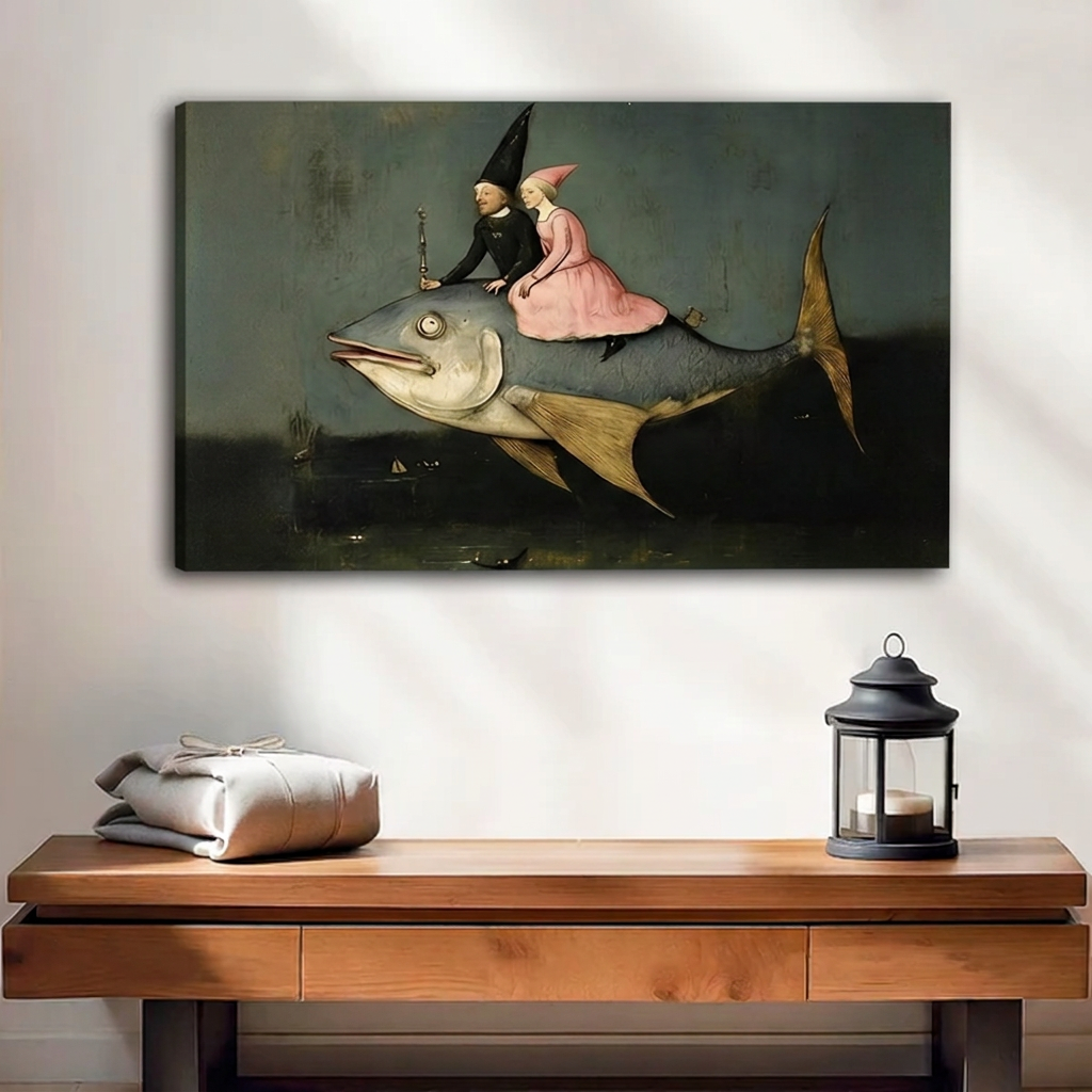 Gallery-wrap surreal fish riders canvas wall art with visible wrapped edges above a wooden console beside a lantern.