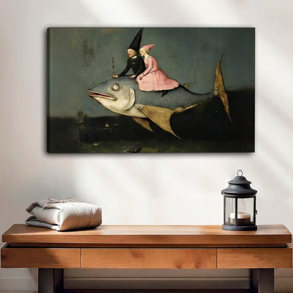 Gallery-wrap surreal fish riders canvas wall art with visible wrapped edges above a wooden console beside a lantern.