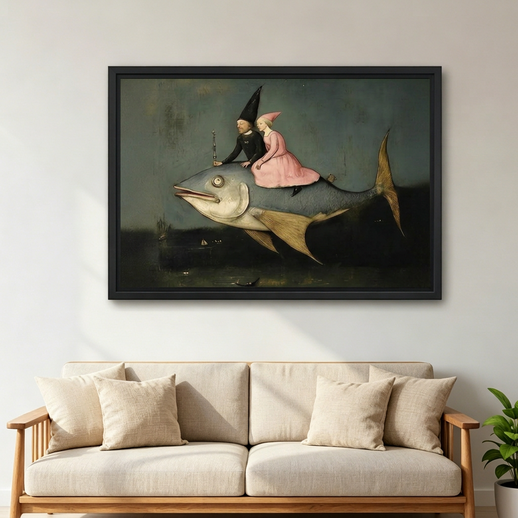 Surreal fish riders canvas wall art in a black frame above a cream sofa with wooden armrests.