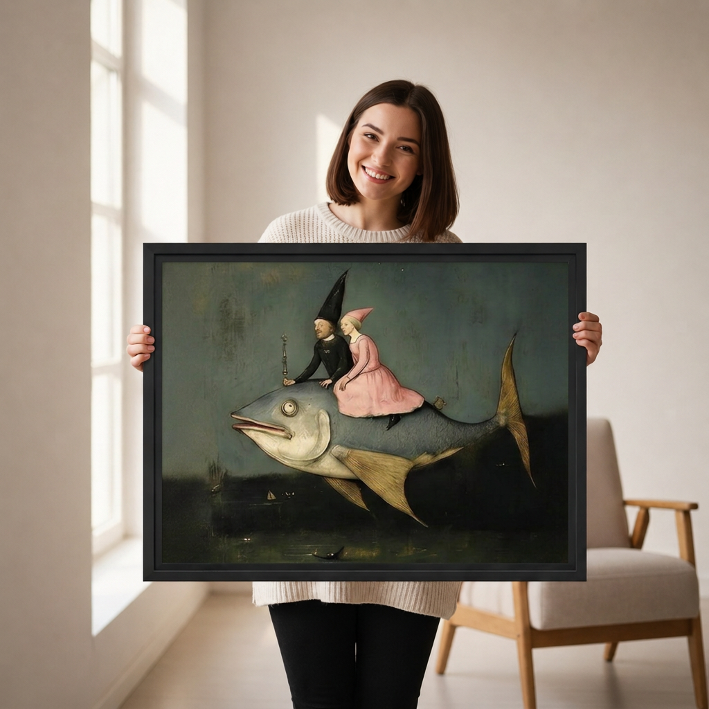 Woman holding black-framed surreal fish riders canvas wall art featuring two pointed-hat figures riding a giant fish.