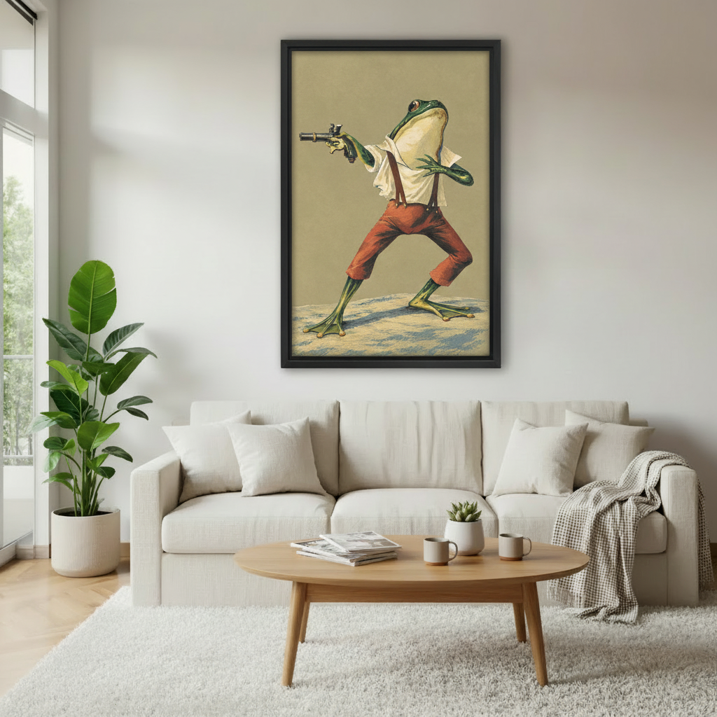 Surreal frog canvas wall art displayed above a modern sofa in a bright living room