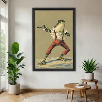 Surreal frog canvas wall art styled above a round table in a bright modern living room