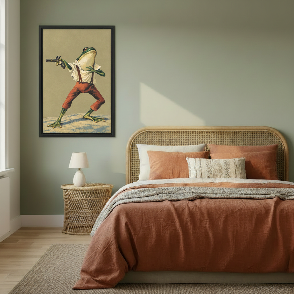 Framed surreal frog canvas wall art adding playful character to a warm modern bedroom