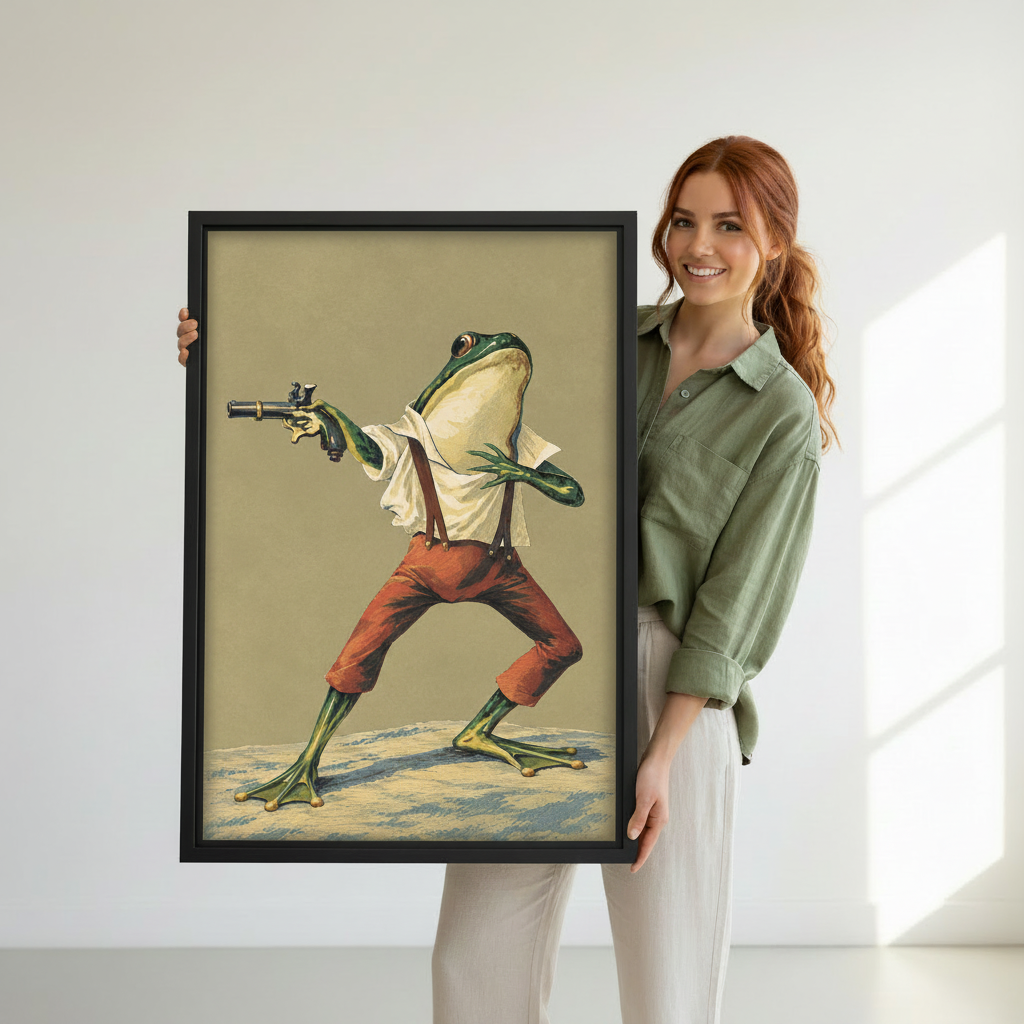 Woman holding surreal frog canvas wall art to show its framed size and detailed vintage design
