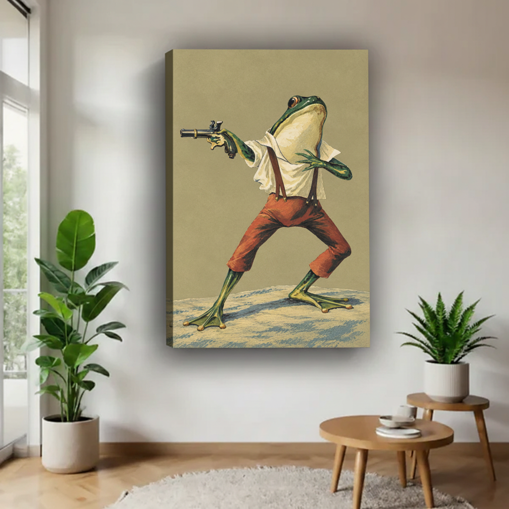 Gallery-wrap surreal frog canvas wall art shown in a warm minimalist living room with plants