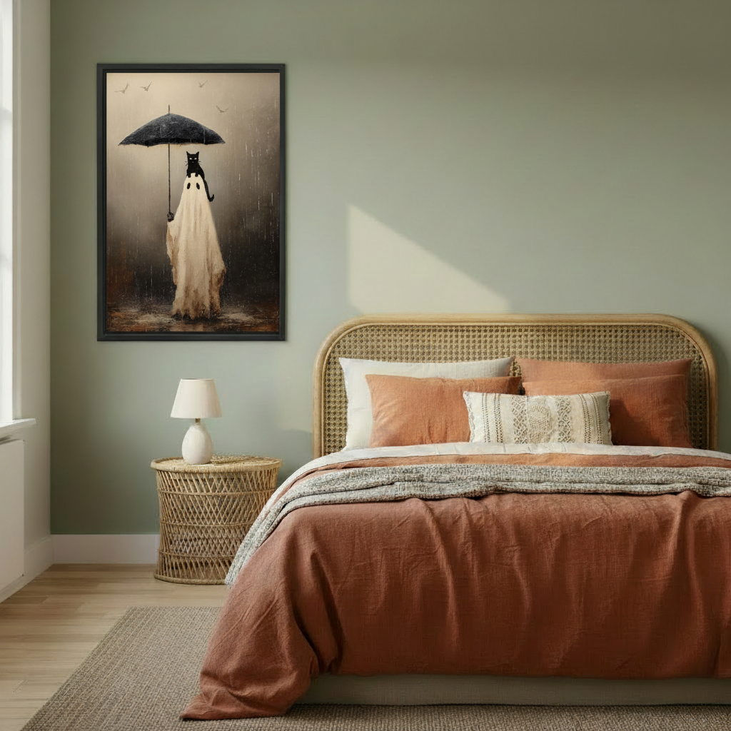 Surreal ghost cat rainy day framed canvas print displayed on sage green bedroom wall above rattan bed