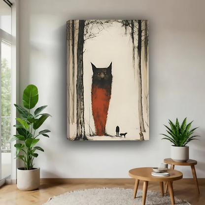 Surreal giant forest wolf framed canvas print displayed on white wall beside tropical houseplants