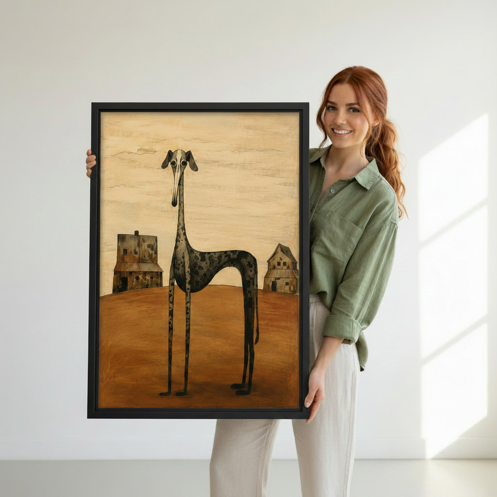 Woman holding surreal long-legged greyhound dog framed canvas wall art – whimsical folk art print