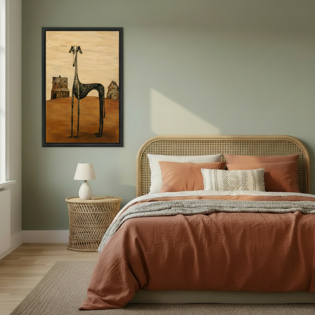Surreal long-legged greyhound dog canvas wall art in cozy bedroom setting – whimsical folk art farmhouse print
