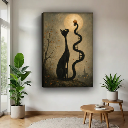 Gallery-wrap Halloween black cat pumpkin moon canvas wall art displayed unframed in a modern minimalist living space