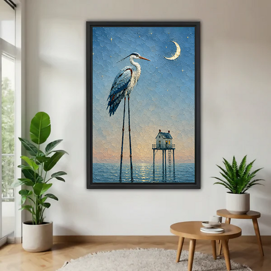 Framed surreal heron moonlit ocean canvas wall art with crescent moon and tiny stilted house hanging in a bright living room with green plants