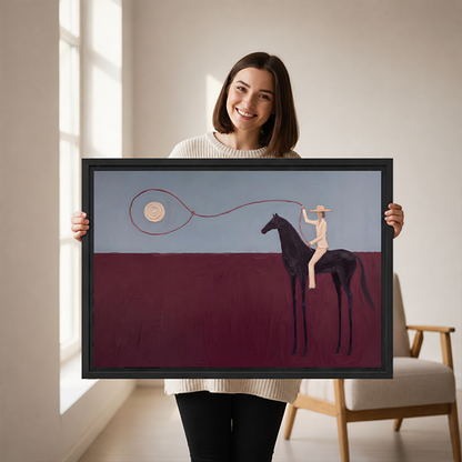Framed surreal horse rider canvas wall art above a light sofa with a dark horse beneath a gray sky.