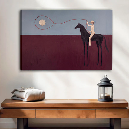 A woman holds surreal horse rider canvas wall art featuring a dark horse, pale rider, and muted maroon field.