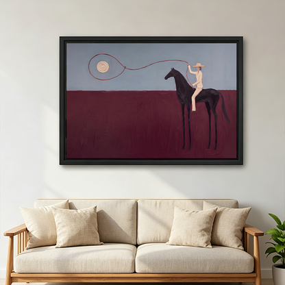 Unframed surreal horse rider canvas wall art displayed above a console, featuring a pale rider and dark horse.