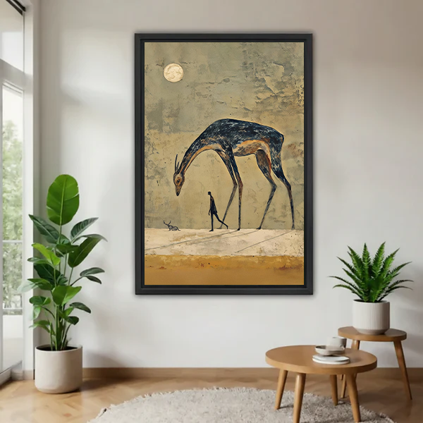 Surreal horse and walker canvas wall art in a black frame, displayed between houseplants beside wooden tables.