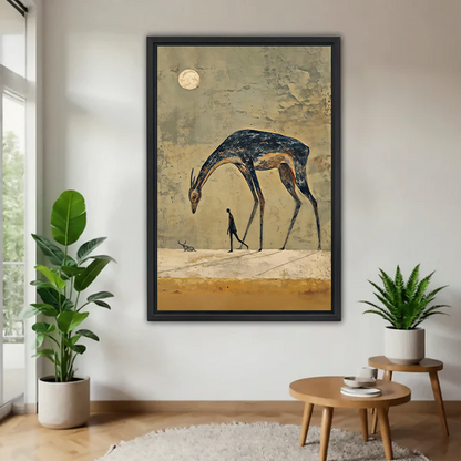 Surreal horse and walker canvas wall art in a black frame, displayed between houseplants beside wooden tables.