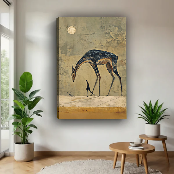 Framed surreal horse and walker canvas wall art on a sage bedroom wall beside a rattan bed.