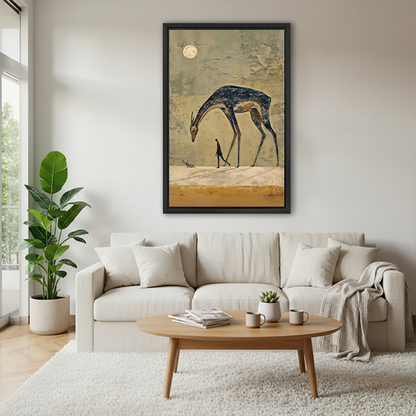 Woman holding framed surreal horse and walker canvas wall art featuring elongated legs, earthy tones and a pale moon.