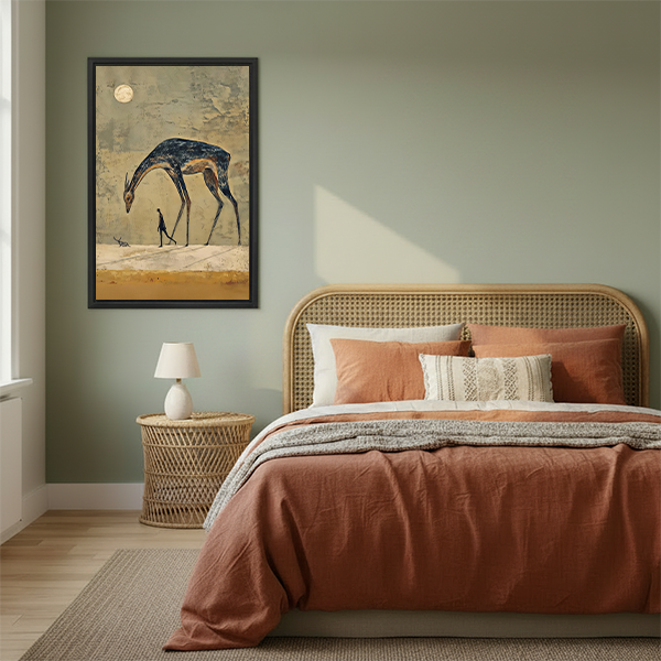 Surreal horse and walker canvas wall art without an outer frame, displayed between plants in a bright room.