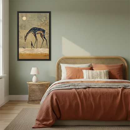 Surreal horse and walker canvas wall art without an outer frame, displayed between plants in a bright room.