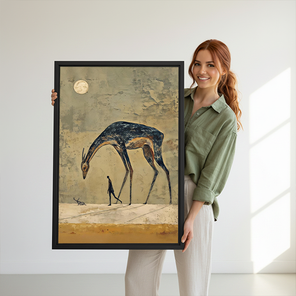 Surreal horse and walker canvas wall art in a black frame above a cream living room sofa.