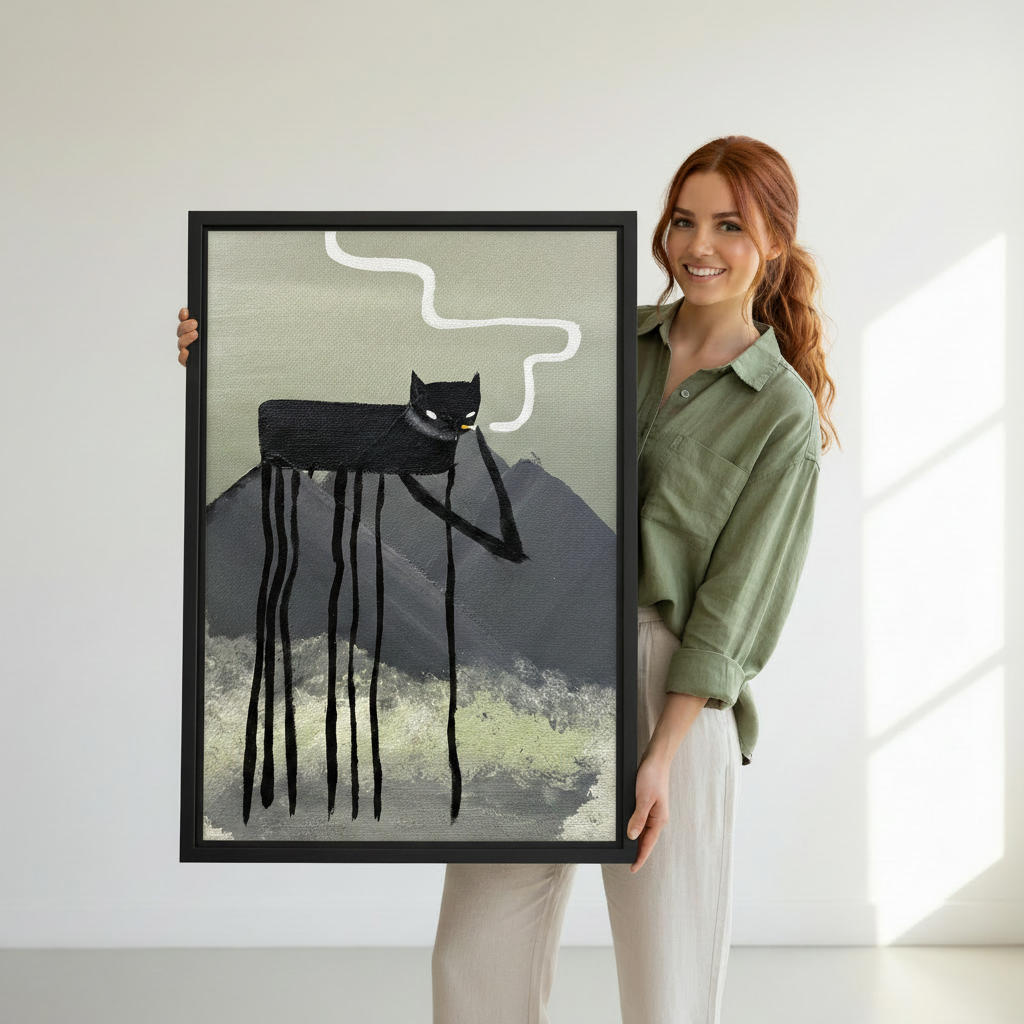 Woman holding surreal long-legged black cat framed canvas wall art – whimsical mountain scene print