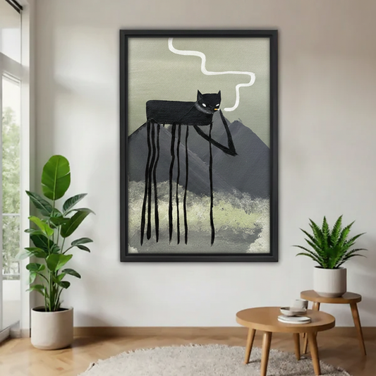 Surreal long-legged black cat framed canvas wall art in modern living room with plants – misty mountain decor