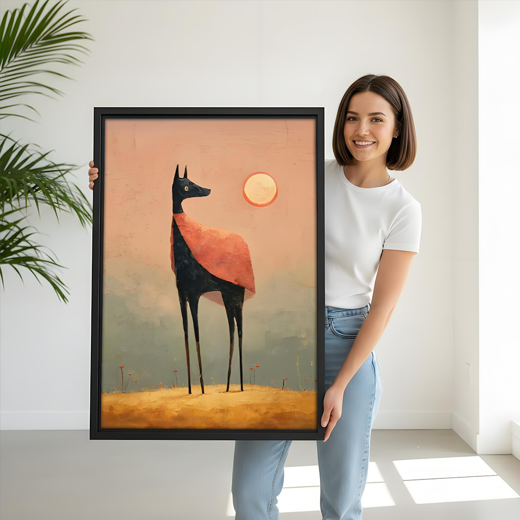 Unframed gallery-wrap surreal long-legged dog canvas wall art on a white dining room wall beside a palm
