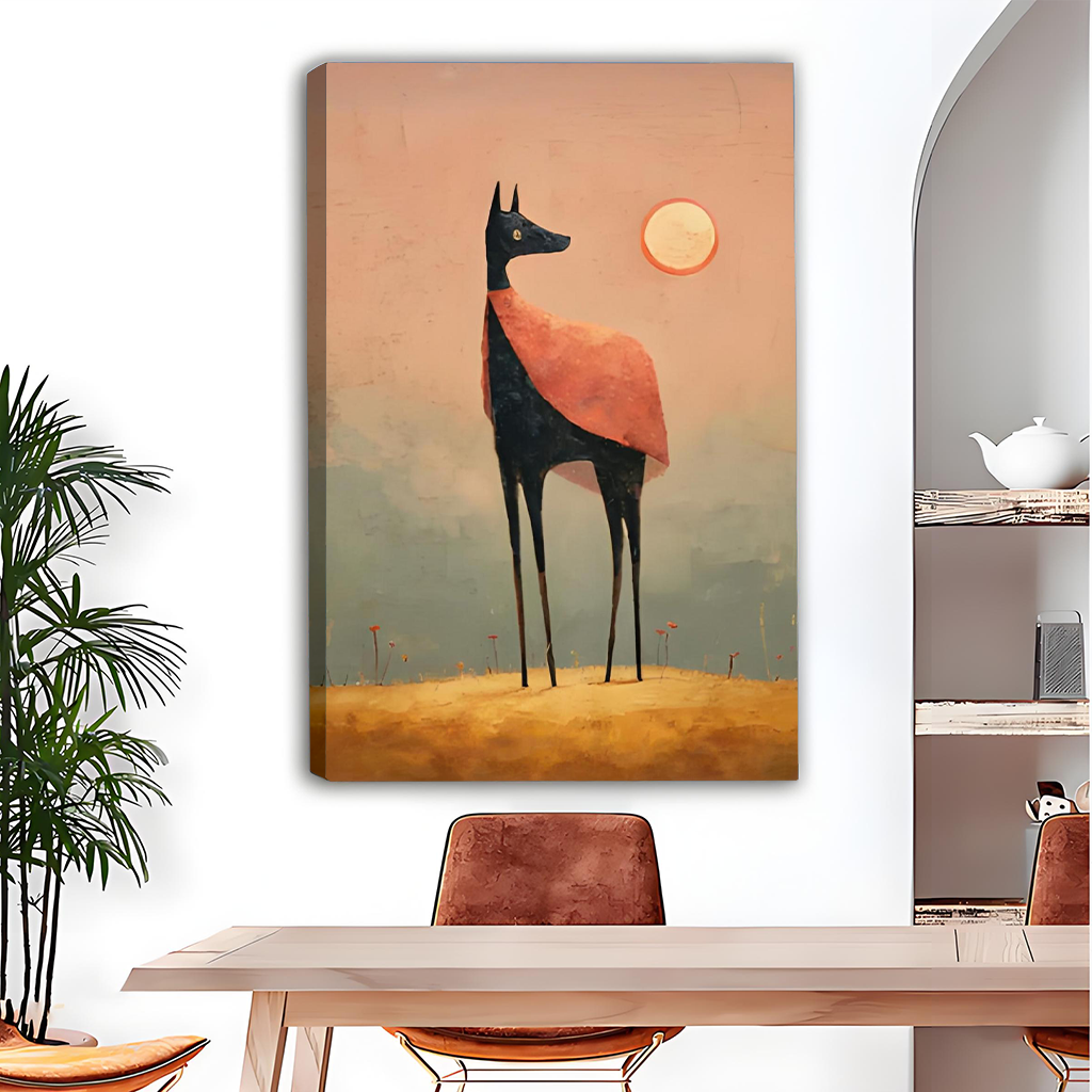 Surreal caped dog canvas wall art framed in black hanging above a grey sofa with blue cushions