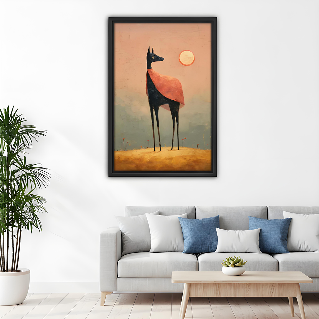 Woman holding a large framed surreal long-legged dog canvas wall art in a bright white room for scale
