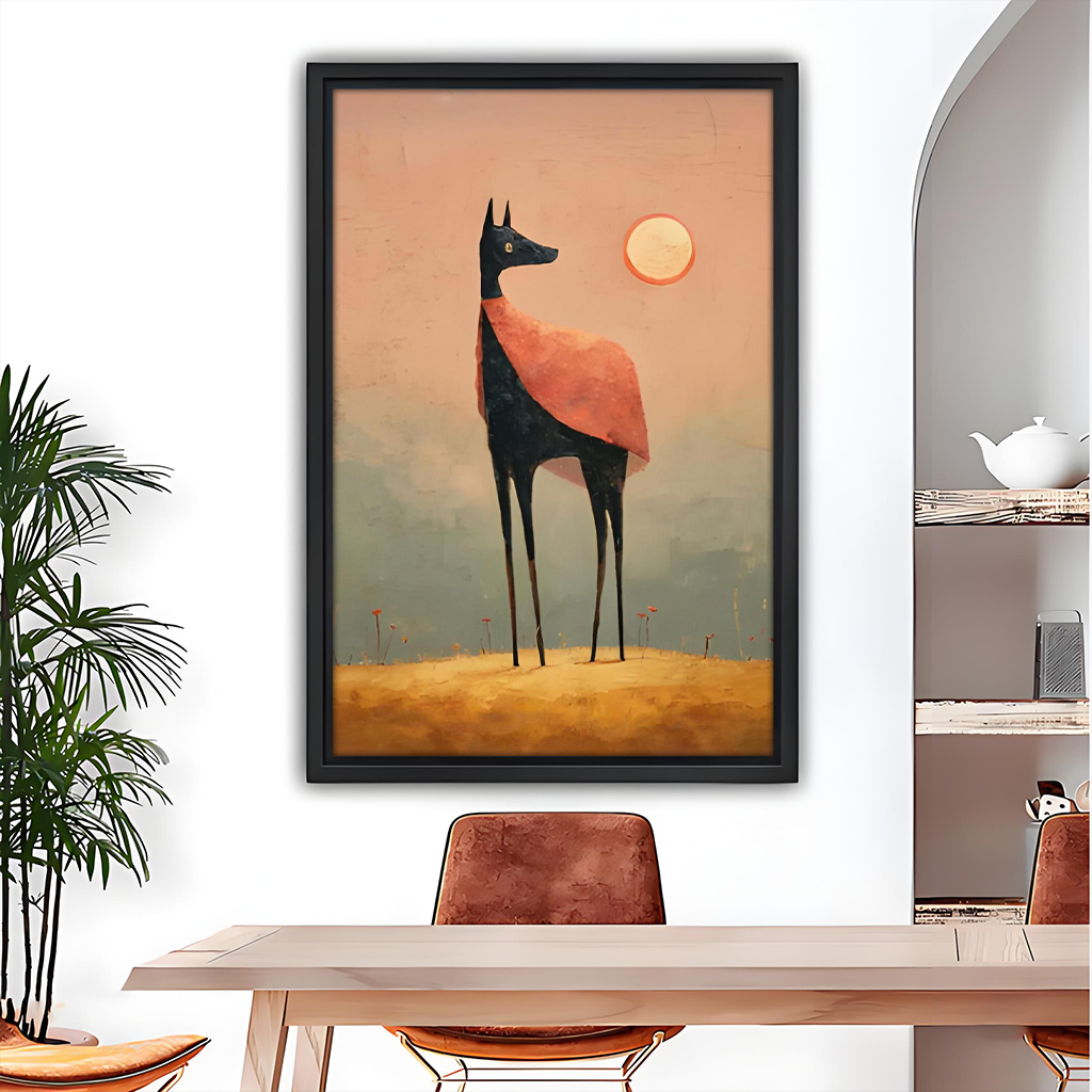 Framed surreal long-legged dog canvas wall art in a children's bedroom with wooden bunk bed and round rug