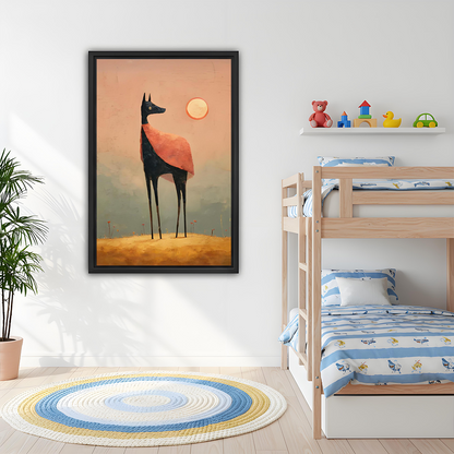 Black framed surreal dog with coral cape canvas wall art above a wooden dining table with rust chairs