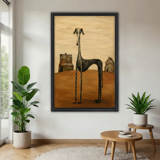 Surreal long-legged greyhound dog framed canvas wall art – whimsical folk art rustic farmhouse print