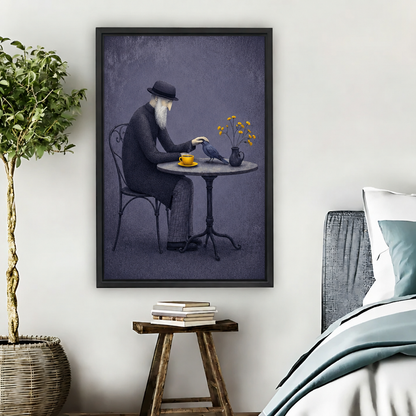 Black framed surreal old man and bird canvas wall art above a rustic wooden stool with books beside a bed