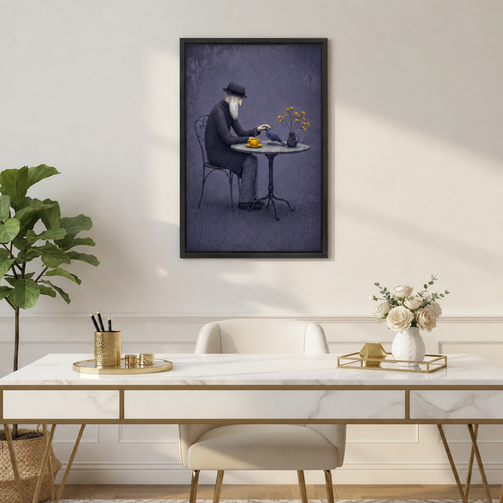 Surreal old man and bird framed canvas wall art above a white marble desk with gold accents and cream chair