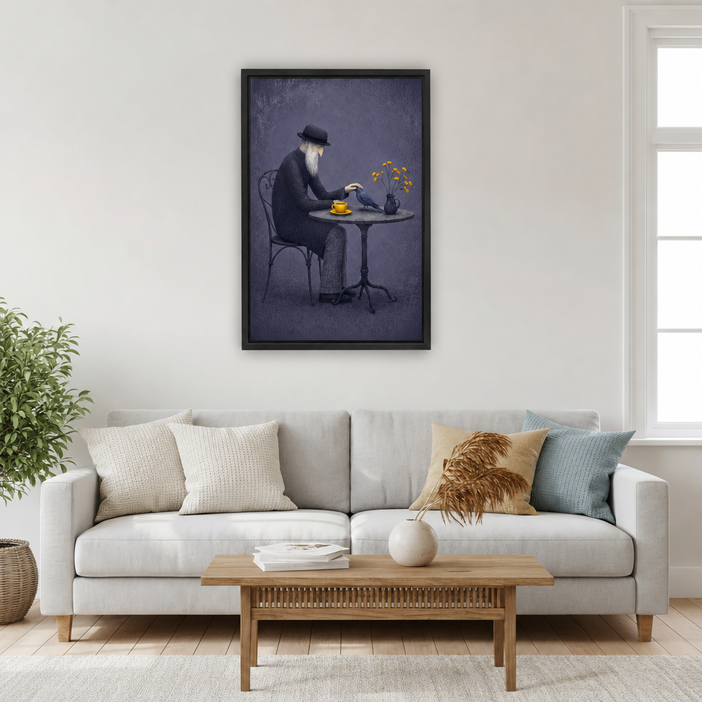 Surreal old man and bird framed canvas wall art hanging above a light grey sofa and wooden coffee table