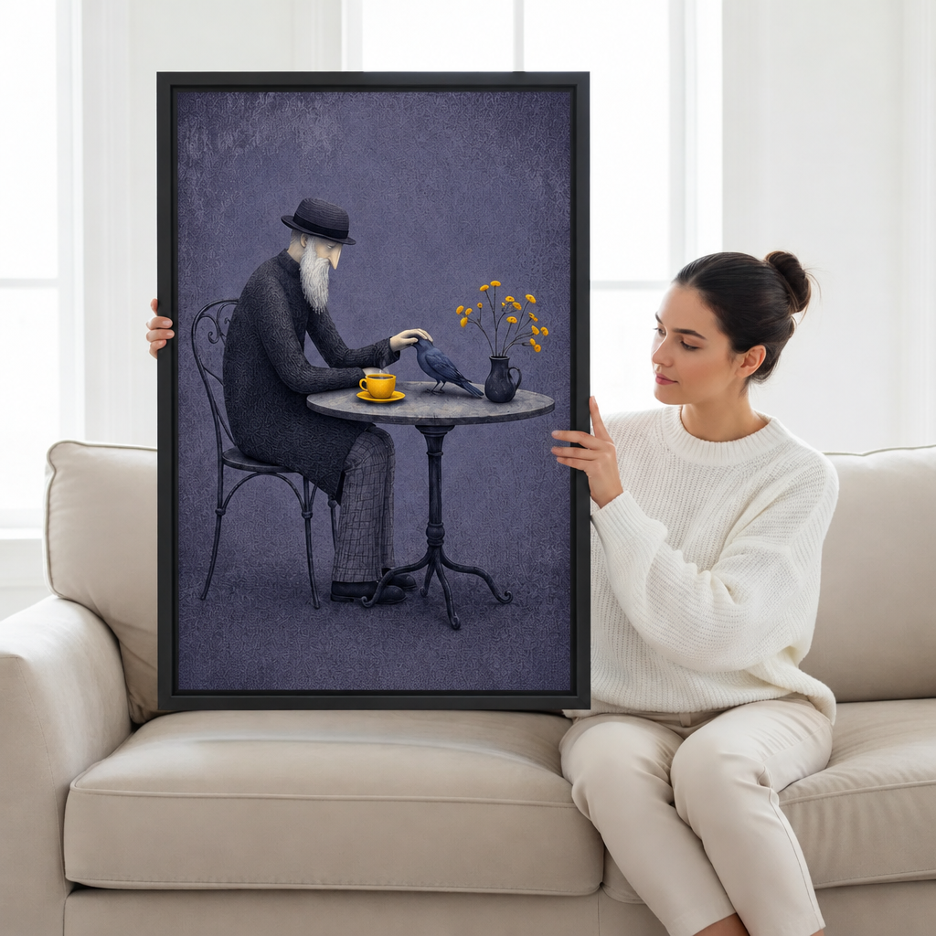 Woman in a white sweater holding a large surreal old man and bird framed canvas wall art on a beige sofa