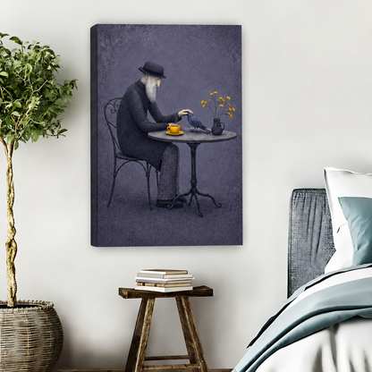 Frameless gallery wrap surreal old man and bird canvas wall art with a yellow teacup and flowers in a bedroom