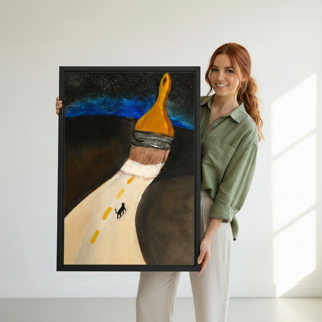  Woman holding large surreal paintbrush road black cat framed canvas print, dreamy wall art size reference