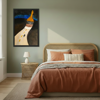  Dreamy surreal paintbrush road black cat framed print above rattan bed, starry night wall art for boho bedroom
