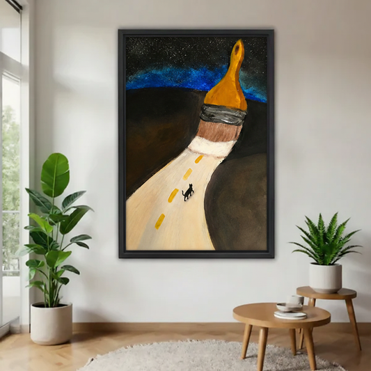  Surreal giant paintbrush road with tiny black cat framed wall art, starry night sky canvas print for living room decor
