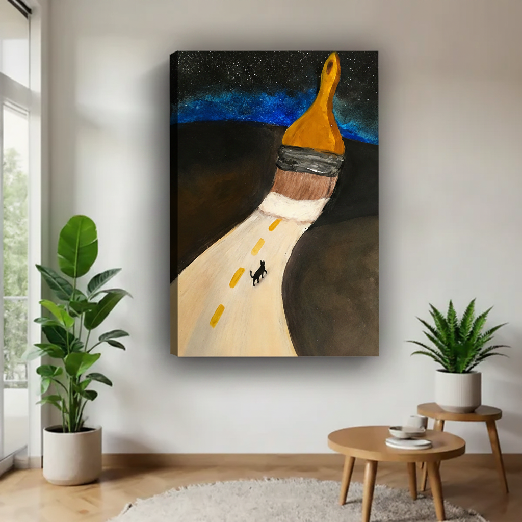 Frameless canvas wrap of surreal paintbrush highway and black cat under galaxy sky, modern eclectic wall art