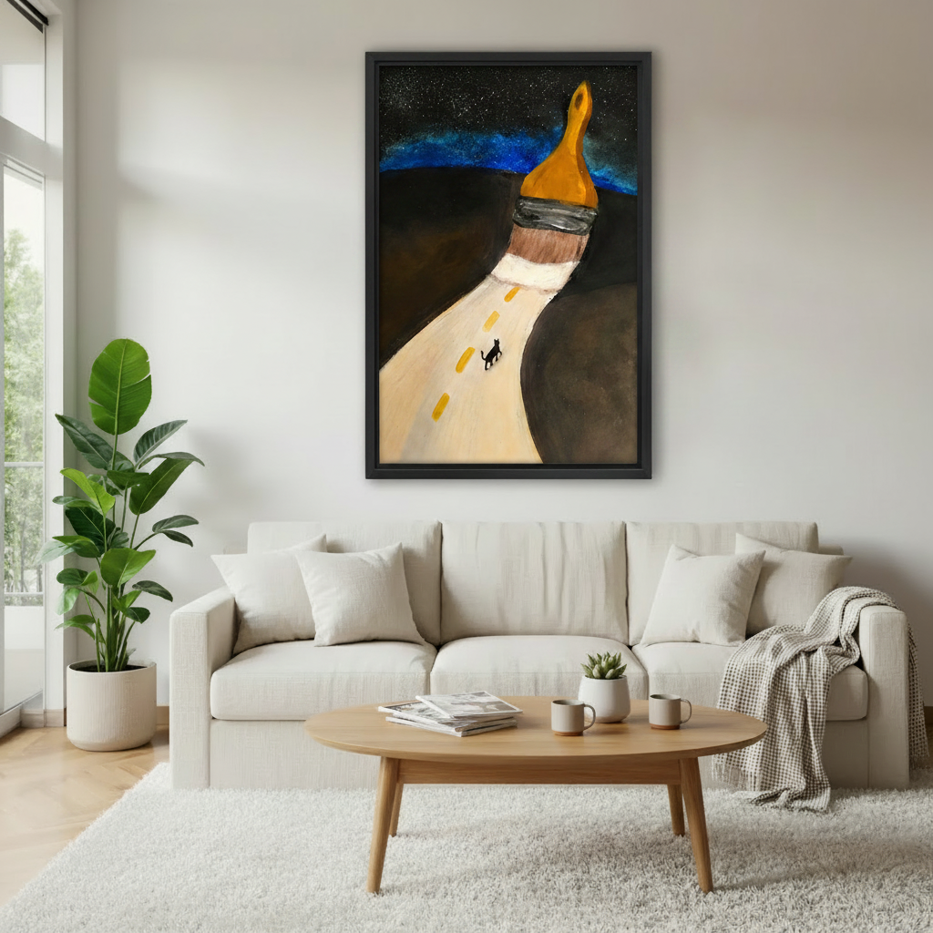 Surreal paintbrush road with black cat framed wall art above linen sofa, moody galaxy art for modern living room