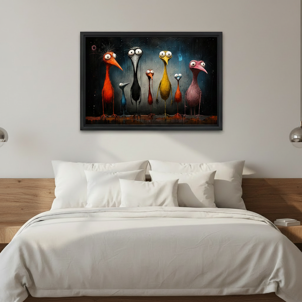 Surreal quirky birds black framed canvas wall art mounted above a bed with white bedding as a dramatic statement piece in a modern bedroom