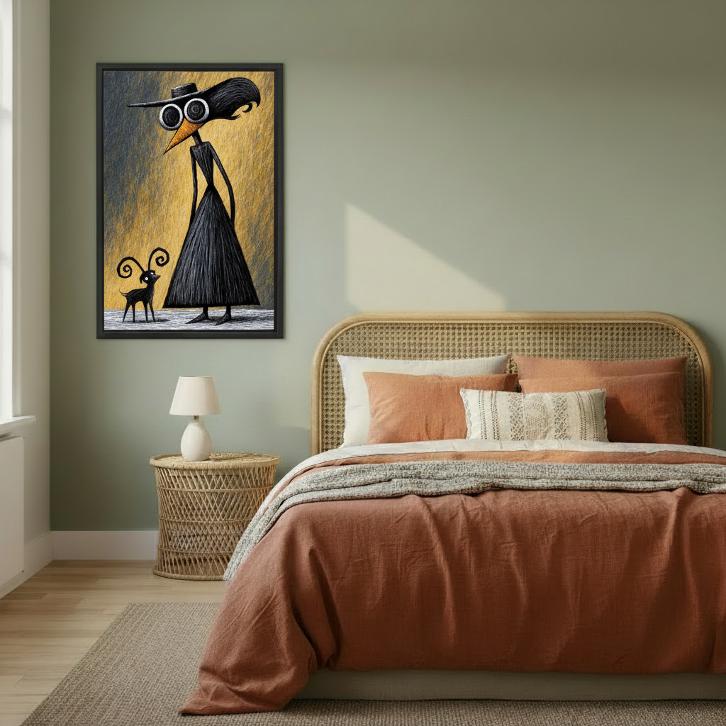 Framed surreal raven and goat canvas wall art hanging above a cozy bed in a bedroom