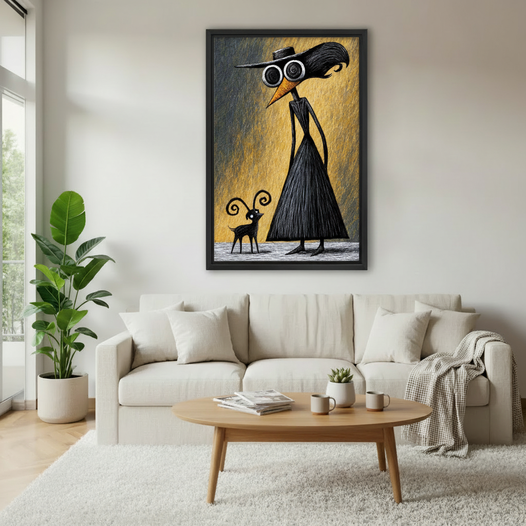 Framed surreal raven and goat canvas wall art above a cream sofa in a bright living room