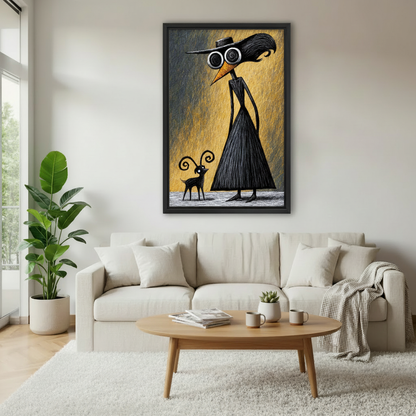 Framed surreal raven and goat canvas wall art above a cream sofa in a bright living room
